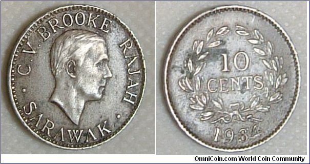 SARAWAK 1934  KING  BROOKE 10 CENT
Sarawak 1934 10 cent  nickel coin reflecting the  history of Malaya & the British Comonwealth. With King C.V. Brooke.
A definite showpiece. For sale. Please make an offer.