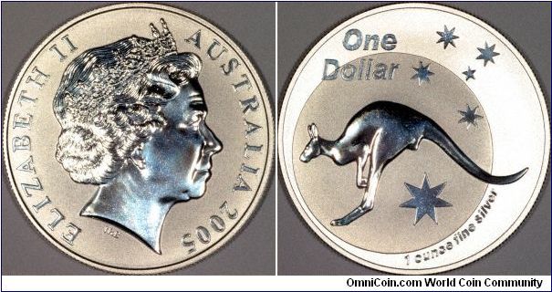 Silver Kangaroo dollar, one ounce fine silver, by the Royal Australian Mint. We can hardly wait to see the proof!