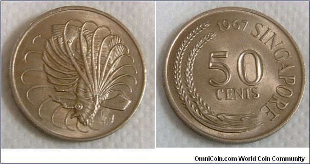 (1 Set sold to Ms Sabrina Ng, Singapore, 2/12/2005)
SINGAPORE 1967 5O CENTS. This piece is uncirculated. Very fine condition coins also available for sale. Please make an offer.
