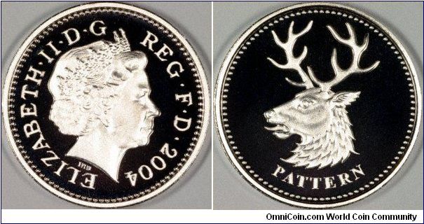 Official proof silver pattern for a proposed pound coin. Part of a set of 4, this one beign a white hart represents Northern Ireland. These designs are unlikely to be issued for circulation.