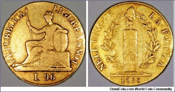 The Ligurian Republic existed from 1795 when it was formed with a French revolutionary style government by Napoleon Bonaparte, to 1805 when it was annexed by France. Our coin shown is a 96 lire gold coin of year 1 = 1798.