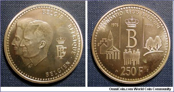 1996 Belgium 250 Francs, King Baudouin - 20th anniversary of reign; short hairline on reverse over the trees (.9250 silver, .5571 oz ASW)