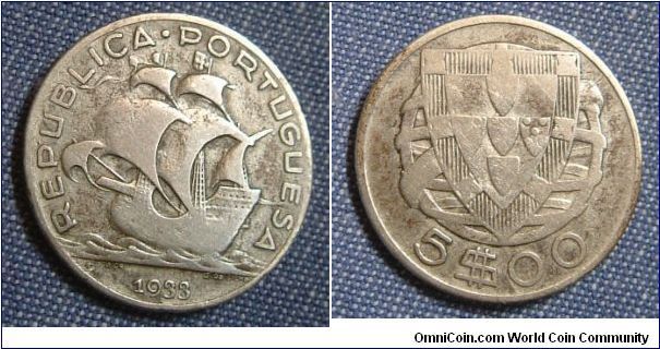 PORTUGAL 1933 $5.
(SOLD TO MR PRASHANT BAUSKAR OF MUMBAI, INDIA ON 30/4/2005)
STOCKS STILL AVAILABLE.
A very   fine coin. 
For sale. Please make an offer.