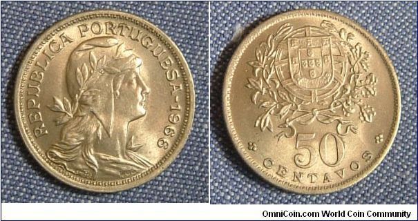 PORTUGAL 1966  50 CENTS
Two pieces of master artworks on a aunc   coin. The emblem is a masterpiece artwork itself. 
For sale. Please make an offer.