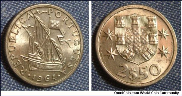 PORTUGAL 1964 $2.50
A magnificent galleon art piece on a AUNC coin. 
For sale. Please make an offer.