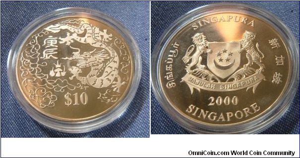 SINGAPORE 2000 $10 YEAR OF DRAGON.
A proof-like UNC coin in showpiece condition.
In Chinese mythology the dragon is a symbol of power, energy & success.
For sale. Please make an offer.