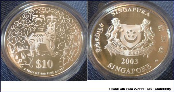 SINGAPORE 2003  SILVER $10 YEAR OF GOAT PROOF
A SILVER UNC PROOF in showpiece condition. Made from  2 troy oz of999 Silver. Weight 62g, 5.8mm thick. It comes with A beautiful case & certificate.
In Chinese mythology & horoscope the Goat is a symbol of  strength, patience, wisdom, & longevity.
For sale. Please make an offer.