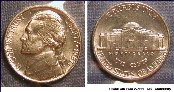 1987-D Jefferson Nickel from Uncirculated Mint Set in original packaging.