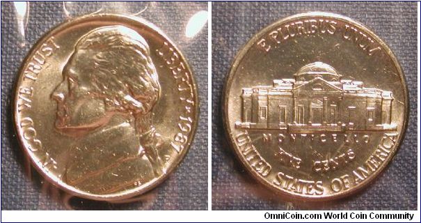 1987-P Jefferson Nickel from Uncirculated Mint Set in original packaging.
