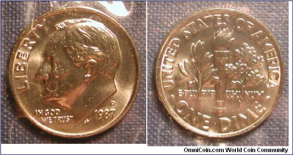 1987-P Roosevelt Dime from Uncirculated Mint Set in original packaging.