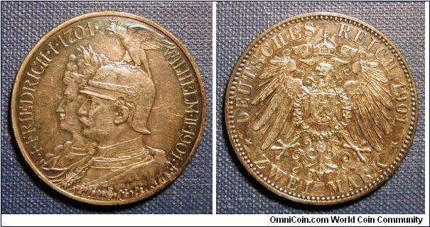 1901 German States (Prussia)Two Mark 200 Years - Kingdom of Prussia, deep toning.