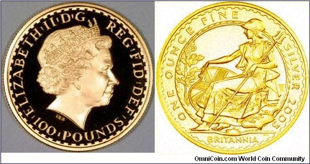 Sneak preview of the new gold Seated Britannia design for 2005. This reflects the original seated Britannis used on British copper coins from 1672, and also on Roman coins of Emperor Hadrian.