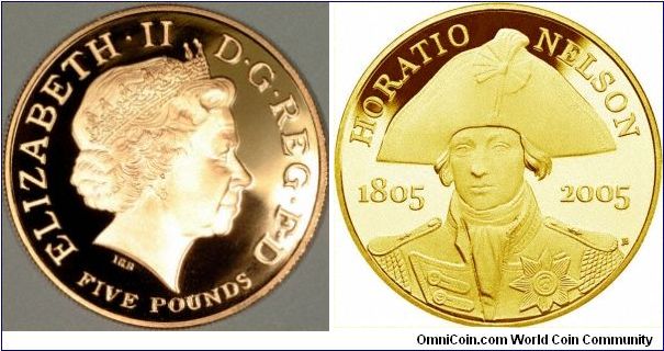 Horatio Nelson, Britain's greatest naval hero on the reverse of a gold proof crown to be issued in October 2005 to commemorate the bi-centenary of his death. Reverse image based on an artist's impression.
