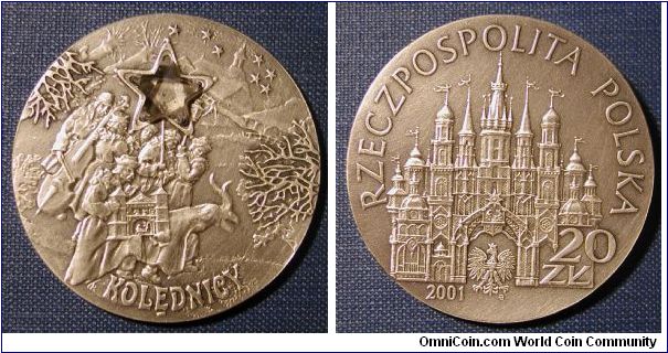 2001 Poland 20 Zloty, Christmas Carolers under a Zirconium star.  Limited to 55,000 pices.
