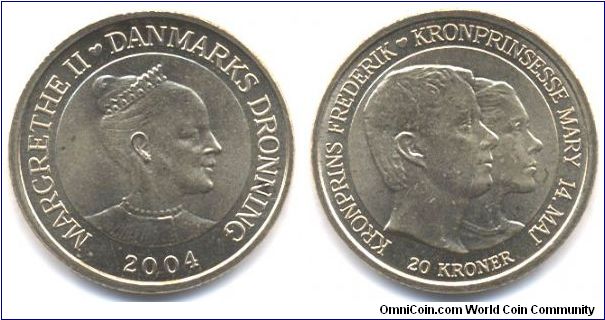 20 kroner. Commemorating the wedding of Crown Prince Frederik