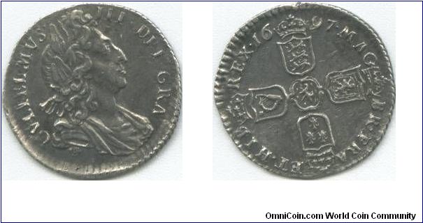1697 sixpence, obverse 3/reverse 3