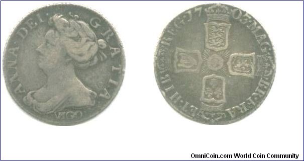 1703 Vigo sixpence