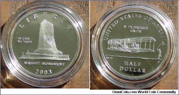 2003 First Flight Commemorative Proof Clad Half Dollar
Mint Philadelphia
Weight 11.340 Grams
Diameter 30.61mm
Composition 92% Copper 8% Nickel