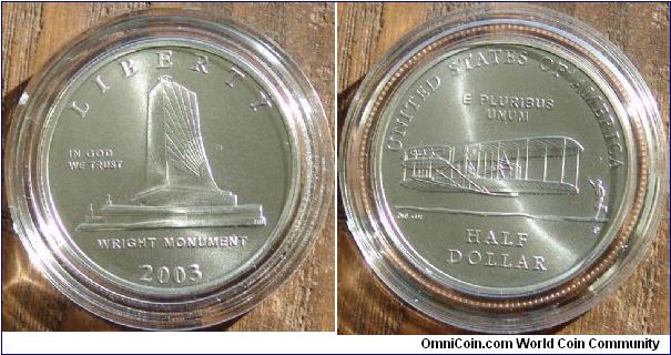 2003 First Flight Commemorative Uncirculated Clad Half Dollar
Mint Philadelphia
Weight 11.340 Grams
Diameter 30.61mm
Composition 92% Copper 8% Nickel