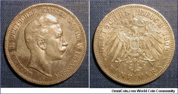 1908 German States Prussia 5 Marks