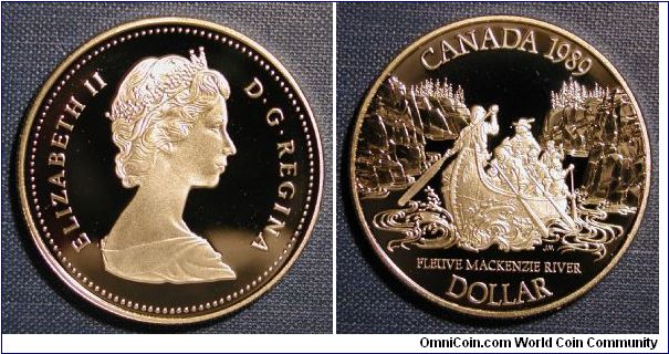 1989 Canada Dollar, MacKenzie River Bicentennial dollar honoring the first full length voyage of the MacKenzie River by Alexander Mackenzie.