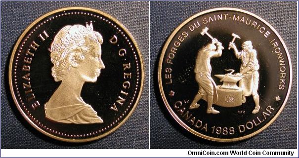 1988 Canada Dollar, honoring the 250th anniversary of Canada's first heavy industry, Saint Maurice Ironworks.