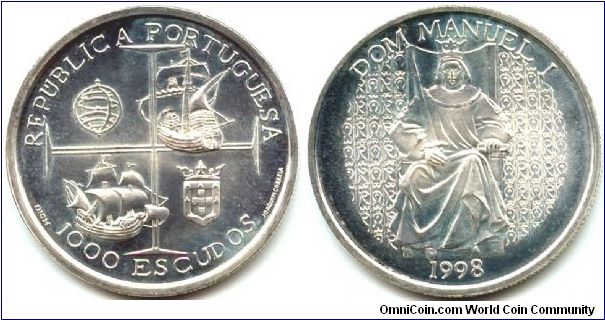 Portugal, 1000 escudos 1998.
King Manuel I.