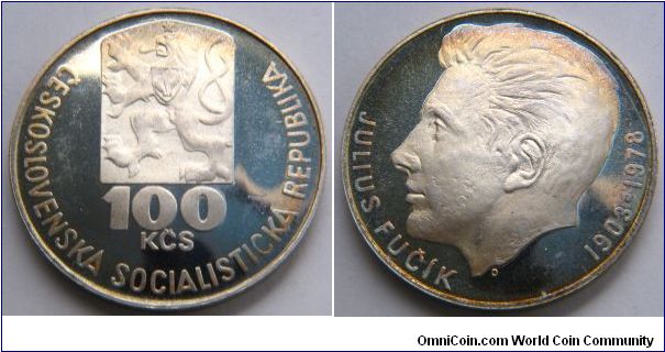 Czechoslovakia, 100 korun, (1978), 75th Anniversary - Birth of Julius Fucik. Proof, Mintage 5000, some were melted by Czech National Bank in 1999