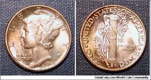 1945 Mercury Dime, toned.