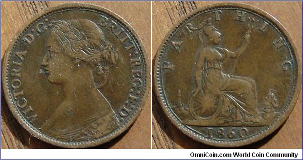 An 1860 UK Farthing
Bronze issue Young Head
OBV3 REV2
