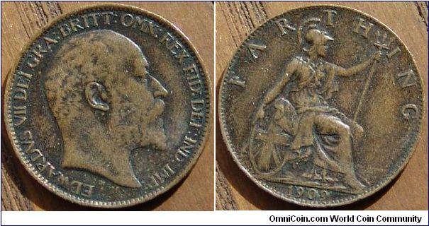 A 1909 UK Farthing
Edward VII
Bronze Issue
OBV1 REV1