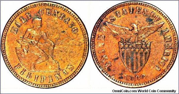 Copper half centavo from the early years of US control. Note the spelling of Filipinas.