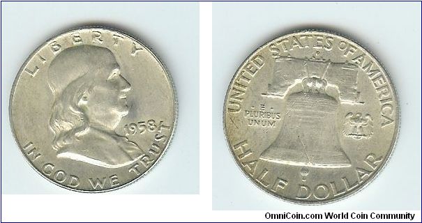 58D Franklin Half, nice details but a few nicks, VF to EF.