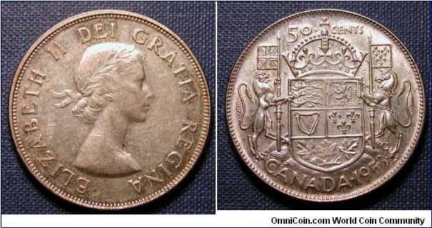 1953 Canada 50 Cents Small Date variety.