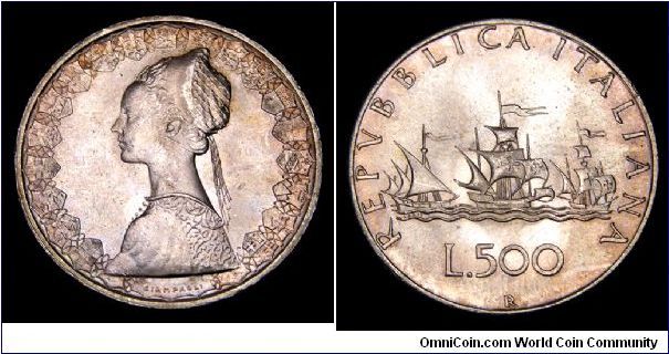 1966 Italy 500 Lire. Raised edge lettering (Date is on the edge). Reverse - Columbus' fleet.