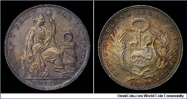 1911 Peru, 1/5 Sol.