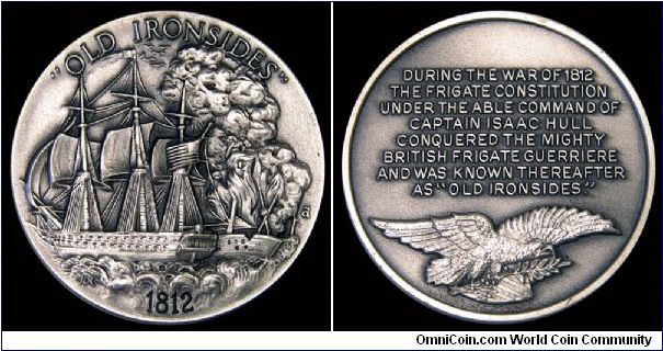 USS Constitution Old Ironsides Medal dated 1812, but minted probably in the 1970's or 1980's. 

It's about 40mm diameter, and approx. 3mm thick with incuse edge lettering:

LONGINES SYMPHONETTE .999 FINE SILVER D 706