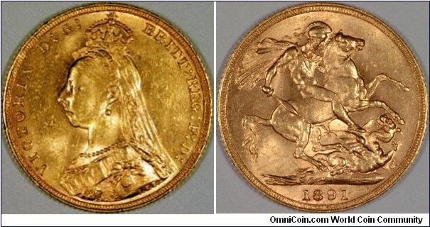 Extremely rare 1891 British gold sovereign unpublished until recently. The main distinguishing feature of the reverse design is that the horse has a shorter tail than normal, as used from 1887 to 1890. This is possibly the best specimen of only 5 known. Close up can be found at www.goldsovereigns.co.uk
