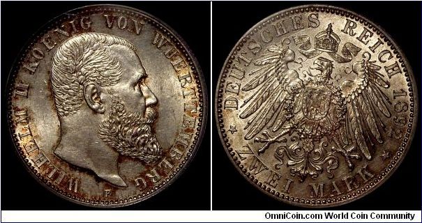 Wuerttemberg 2 Mark 1892 - King Wilhelm II. - 10  degree die-rotation