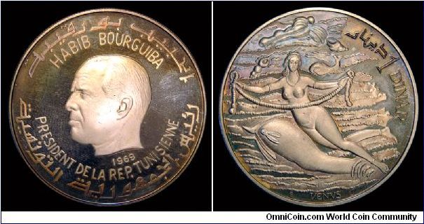 1969 Tunisia, 1 Dinar. Obverse Habib Bourguiba, President of the Republic of Tunisia. Reverse depicts Venus. Mintage 5000.
