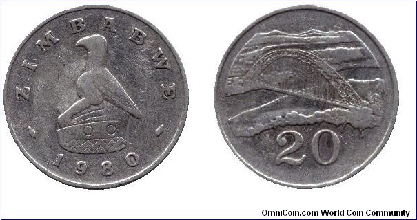 Zimbabwe, 20 cents, 1980, Cu-Ni, Bridge.                                                                                                                                                                                                                                                                                                                                                                                                                                                                            
