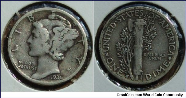 1935 s VG Mercury Dime Mintage 15,840,000