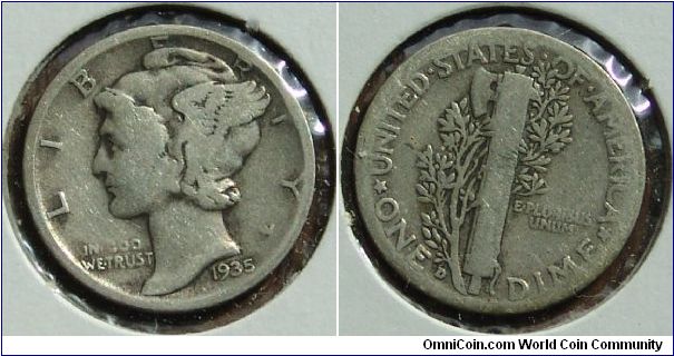 1935 Denver Mercury Dime G Mintage 10,477,000