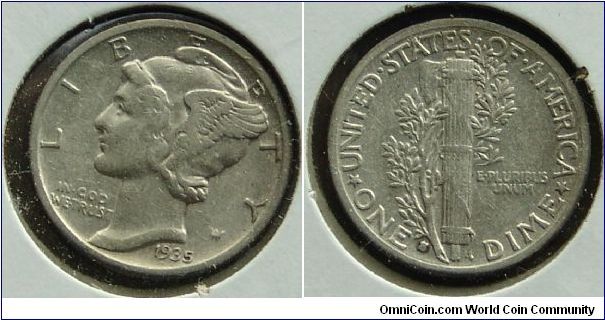 1935 San Francisco Mercury Dime VF Mintage 15,840,000