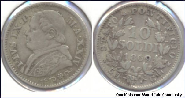 Silver 10 Soldi Italy, Papal States, 1869 Rome mint