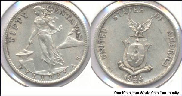 Silver 50 Centavos Philippines 1944