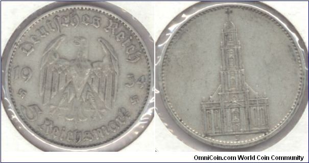 Silver 5 Mark Nazi Germany 1934