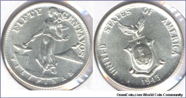 Silver 50 Cents Philippines 1945