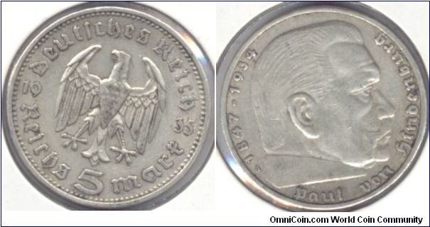 Silver 5 Mark Nazi Germany 1935