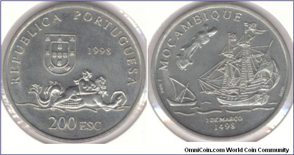 200 Escudos Portugal 1998.
Commemorates the arrival/colonization of Mozambique by Portugal.